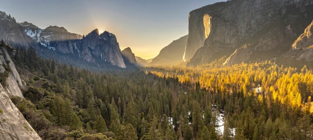 Sunset view of the west end of Yosemite Valley from the 4-Mile Trail.