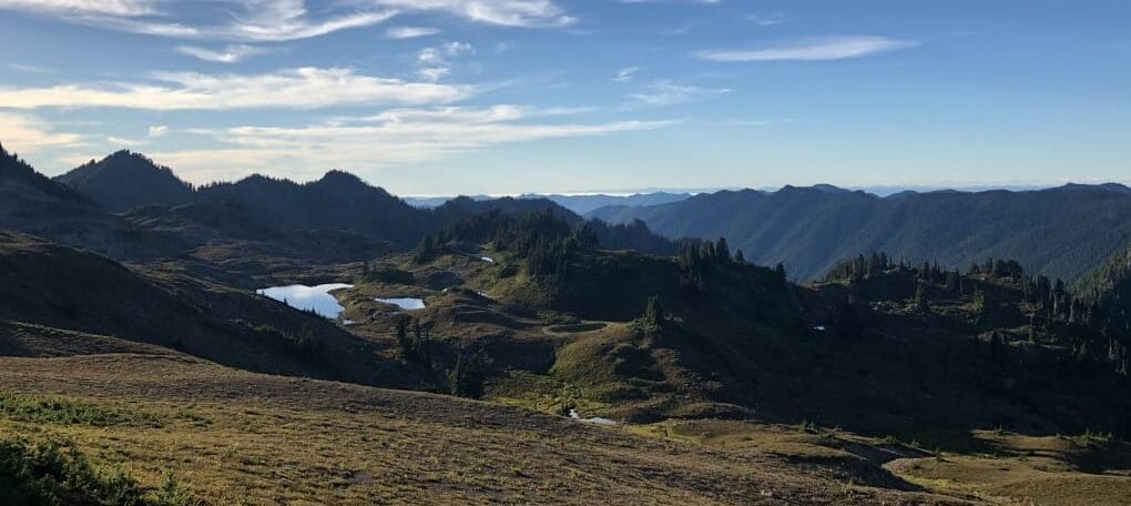 Sweeping views over the Seven Lakes Basin while backpacking.
