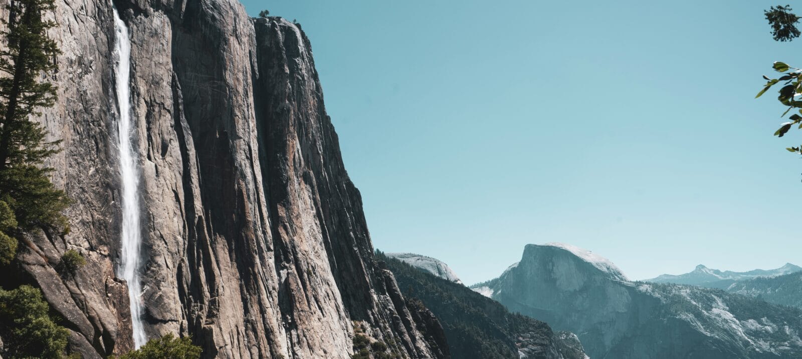 Yosemite Falls with a backdrop of Half Dome from the Yosemite Falls Trail.