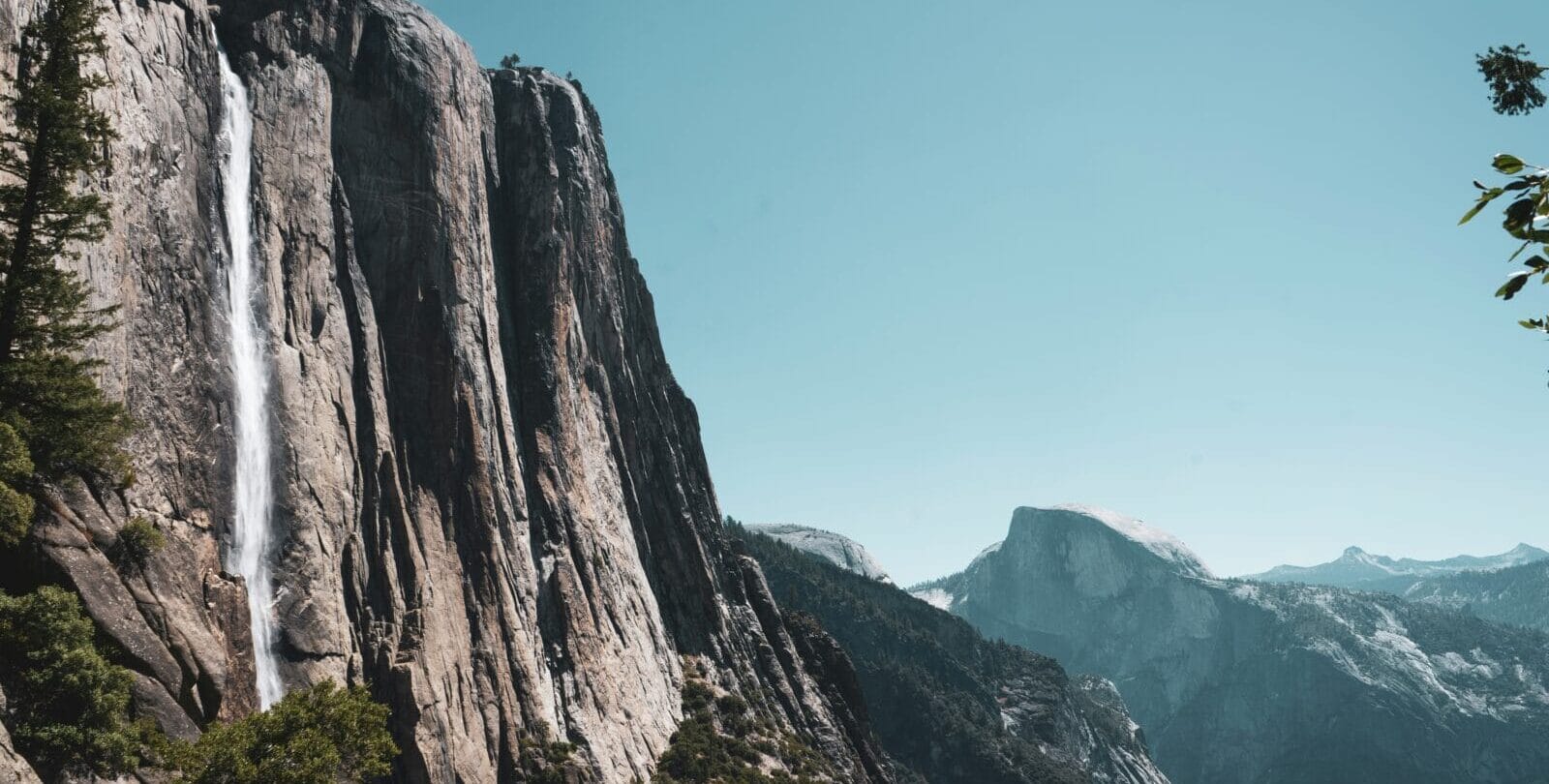 Yosemite Falls with a backdrop of Half Dome from the Yosemite Falls Trail.