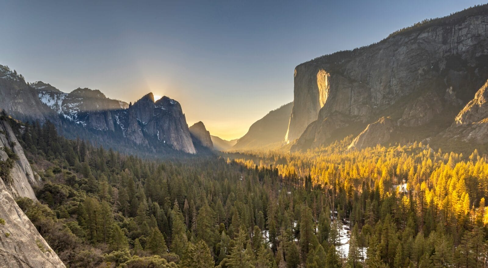 Sunset view of the west end of Yosemite Valley from the 4-Mile Trail.