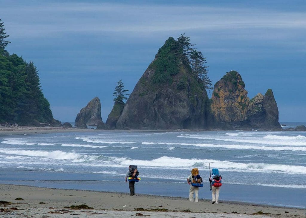 hikers on our Olympic National Park Backpacking Tour admire point of arches