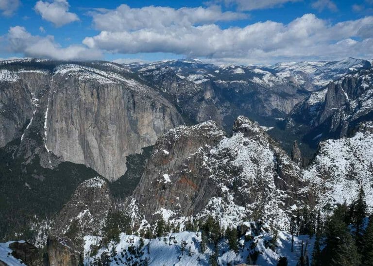 Mountains covered in snow on a Yosemite winter hike