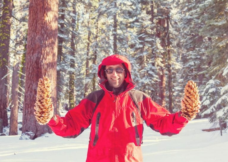 A Yosemite snowshoe tour client holding some sweet pinecones