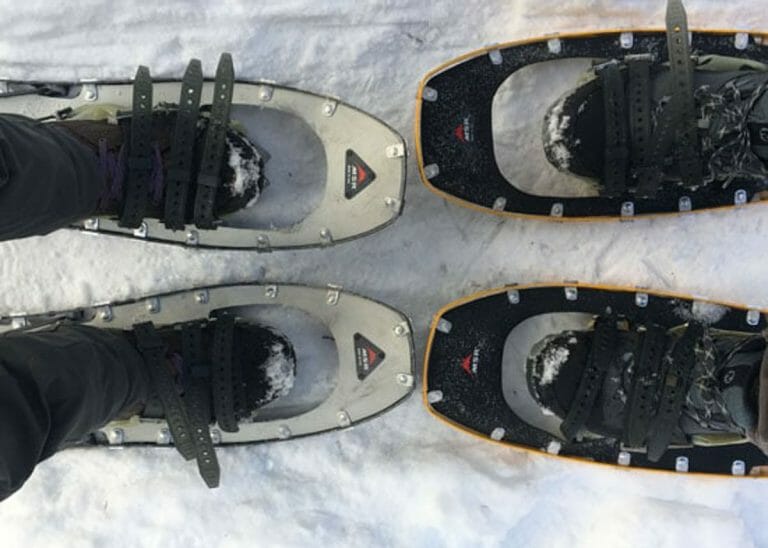 all strapped in for our yosemite snowshoe adventure of the giant sequoias