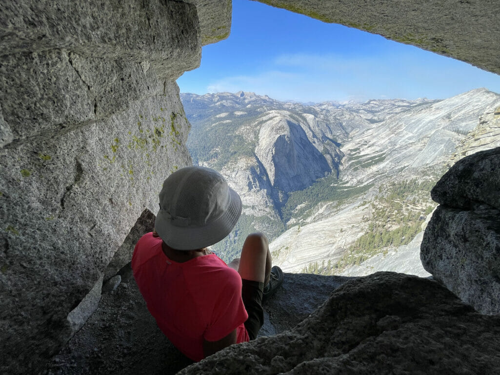 Looking out from a cave on Half Dome.