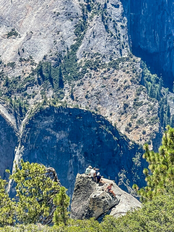 Arial view of hikers above Yosemite Valley.