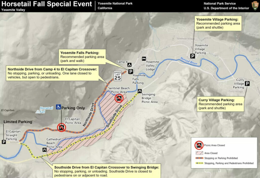 A map of the parking and driving restrictions in Yosemite Valley for the Firefall event.