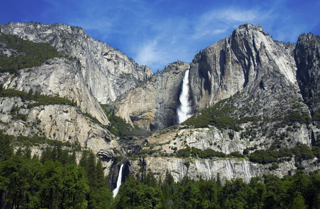 Upper and lower Yosemite Falls as seen from the Valley floor after the Yosemite snowpack melts.