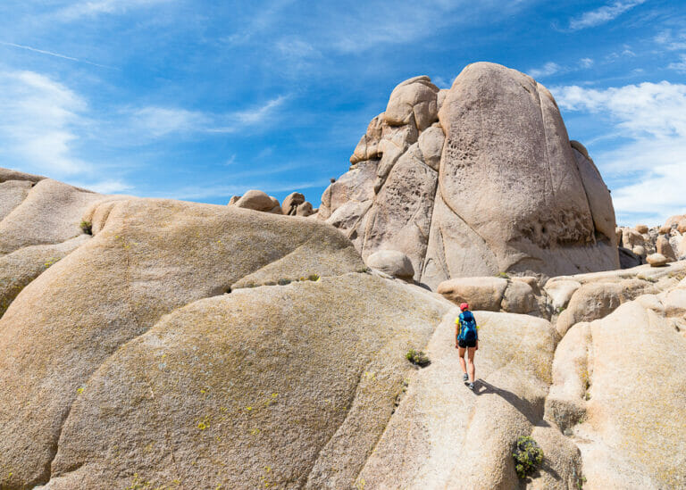 Young woman walking in Joshua Tree National Park, California, USA. Adventure and travel concept.
