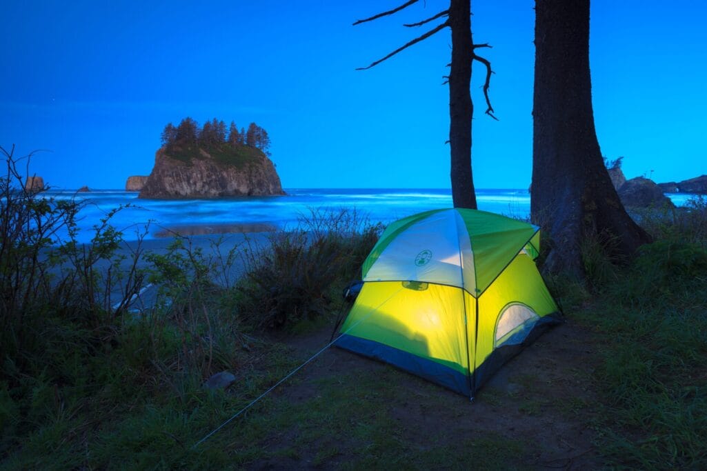 A tent under the stars on the beach of Olympic National Park 