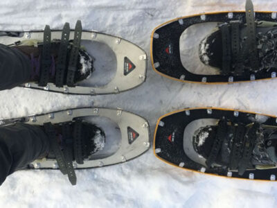 all strapped in for our yosemite snowshoe adventure of the giant sequoias