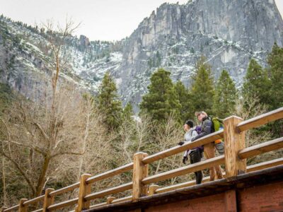 Yosemite winter hiking tour guests taking a break