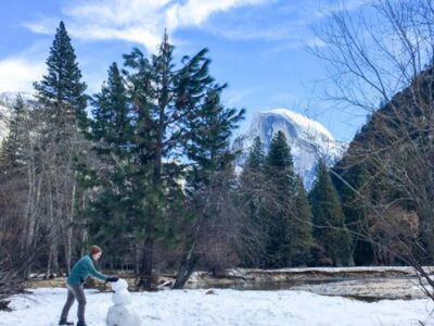 Building a snowman in Yosemite Valley in winter